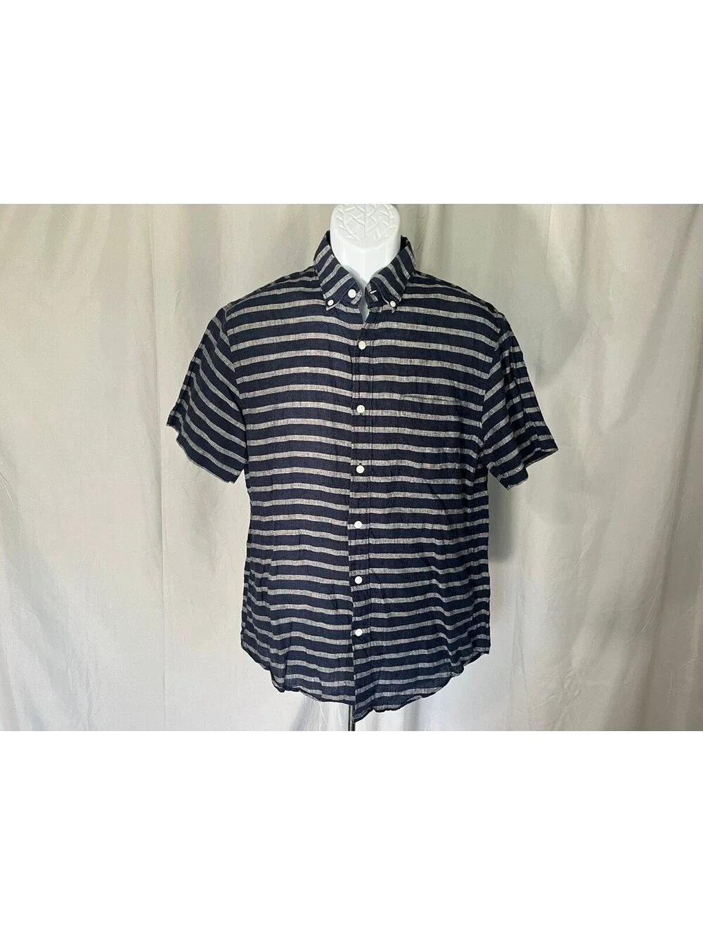 J. Crew Men's Navy Blue Gray Striped Short Sleeve 100% Linen Shirt Medium M